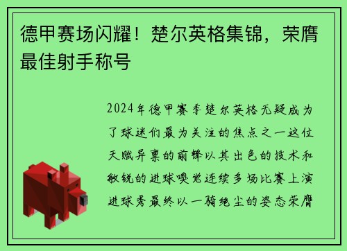 德甲赛场闪耀！楚尔英格集锦，荣膺最佳射手称号